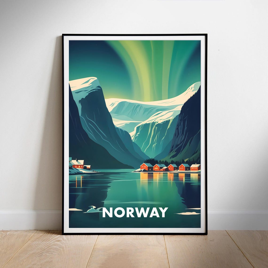 Norway Fjord Northern Lights Red Cabins Under Starry Night Poster