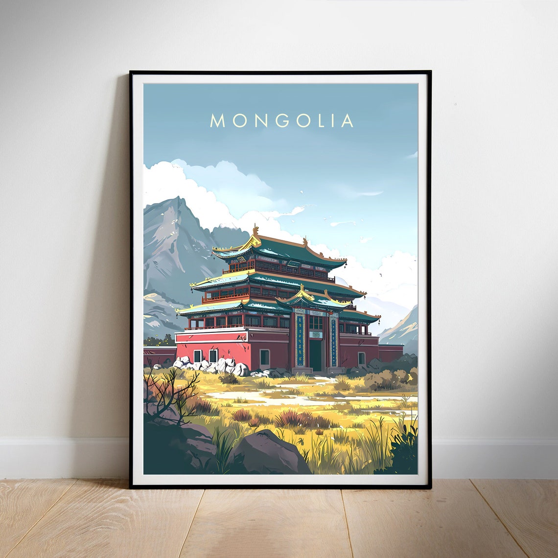 Mongolia Buddhist Temple Mountain Steppe Landscape Travel Poster