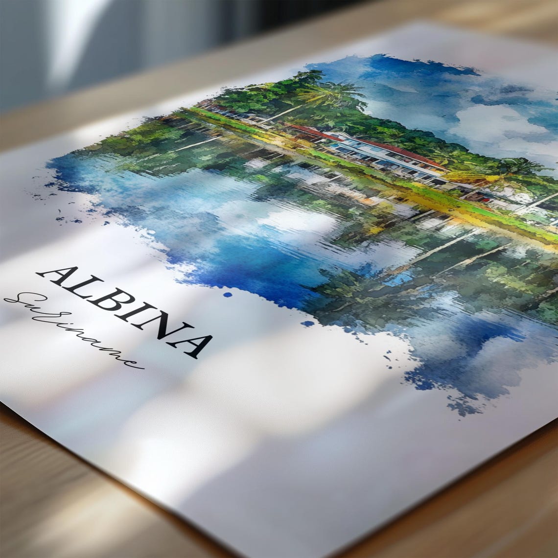 Albina Suriname Watercolor Palm River Reflection Travel Art Poster - Image 6