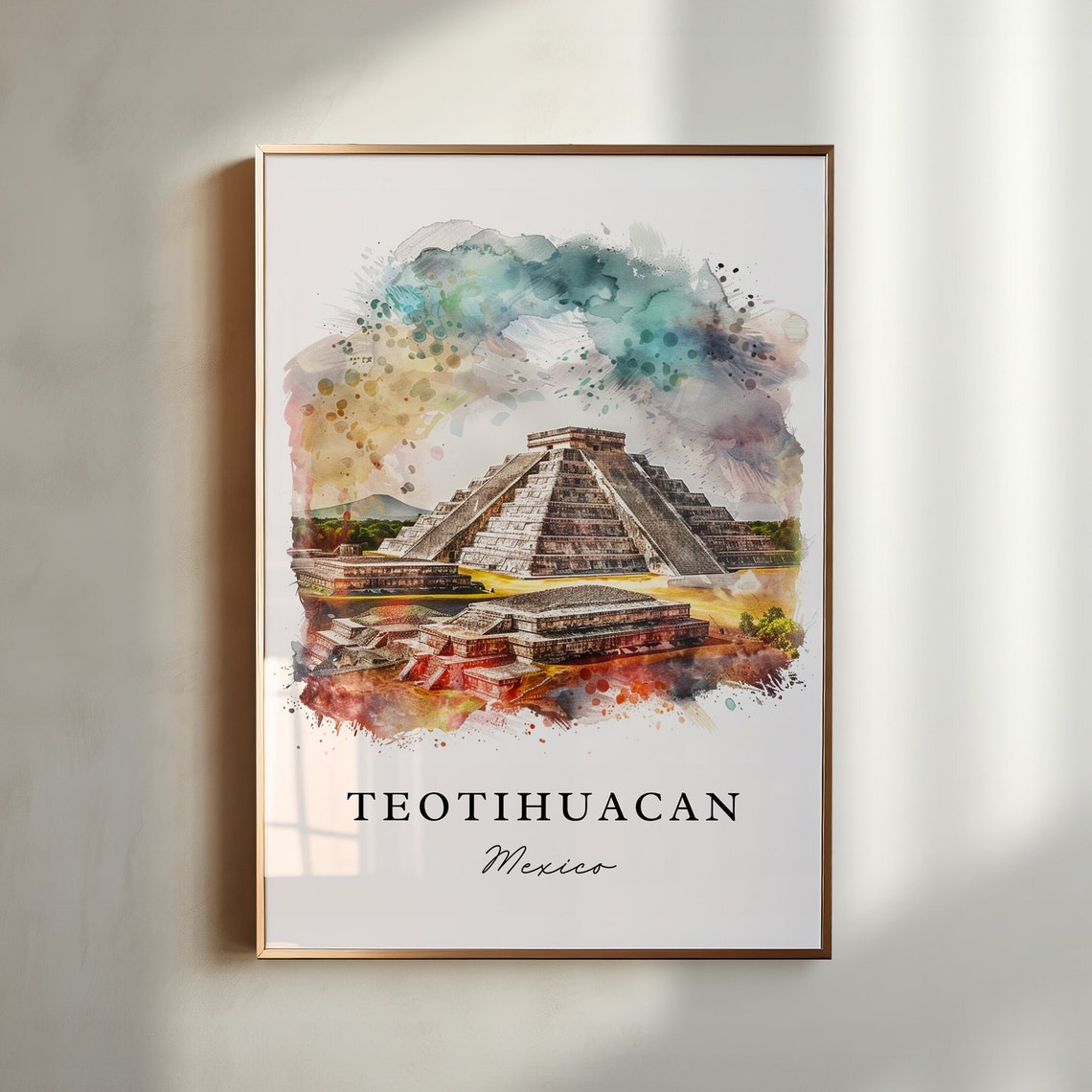 Teotihuacan Mexico Watercolor Ancient Pyramids Ruins Landscape Poster