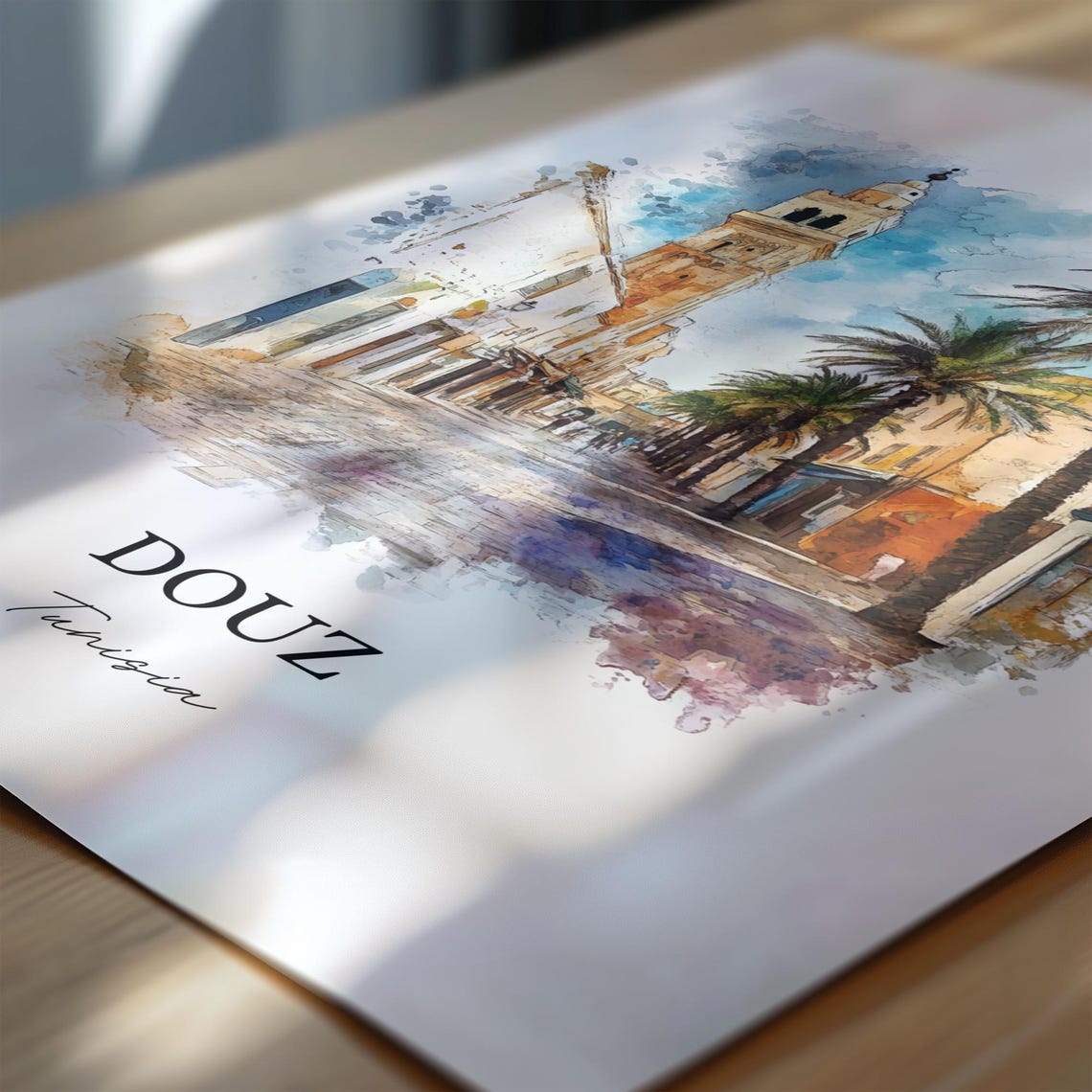 Douz Tunisia Palm Lined Desert Street Watercolor Travel Poster - Image 6