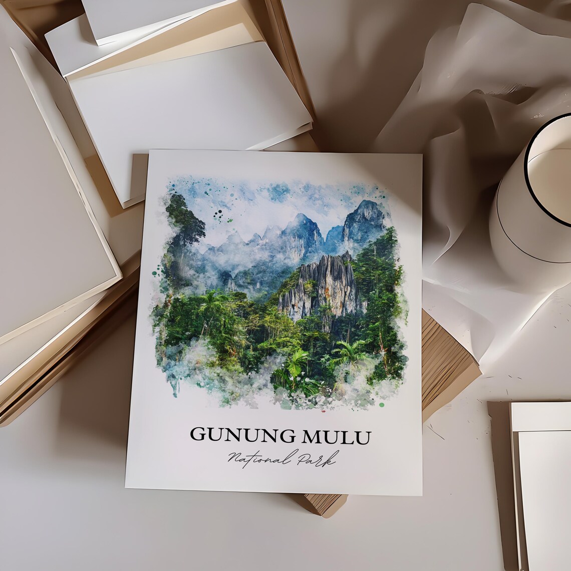 Gunung Mulu Malaysia Rainforest Karst Peaks Watercolor Travel Poster - Image 4