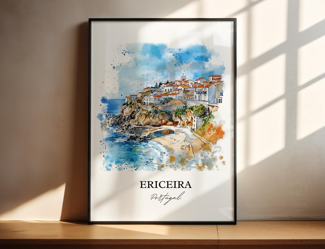 Ericeira Portugal Cliffside Fishing Village Watercolor Travel Poster