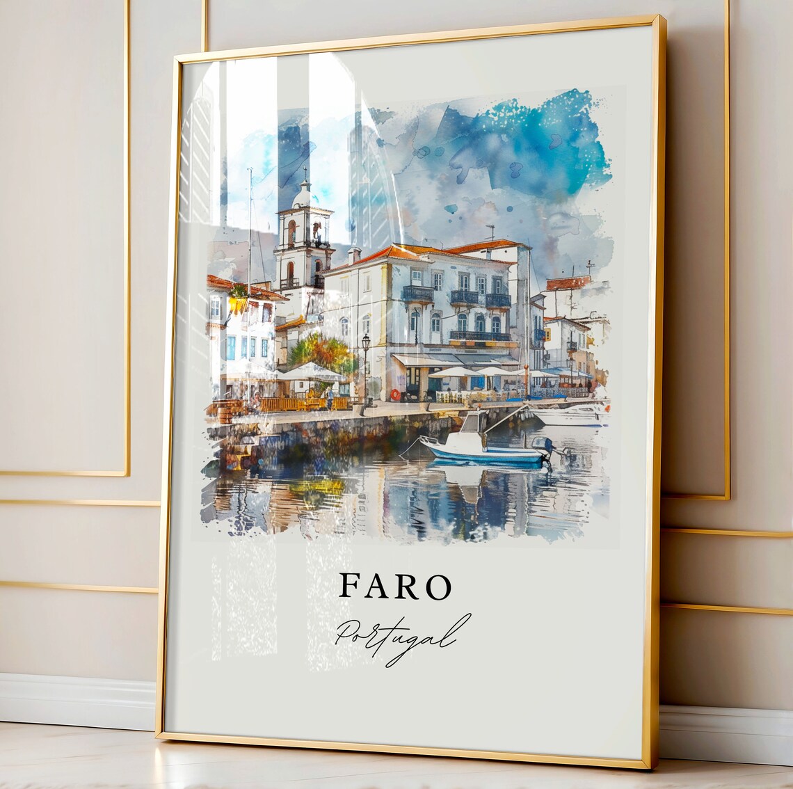 Faro Portugal Algarve Marina Harbor Watercolor Travel Poster - Image 4