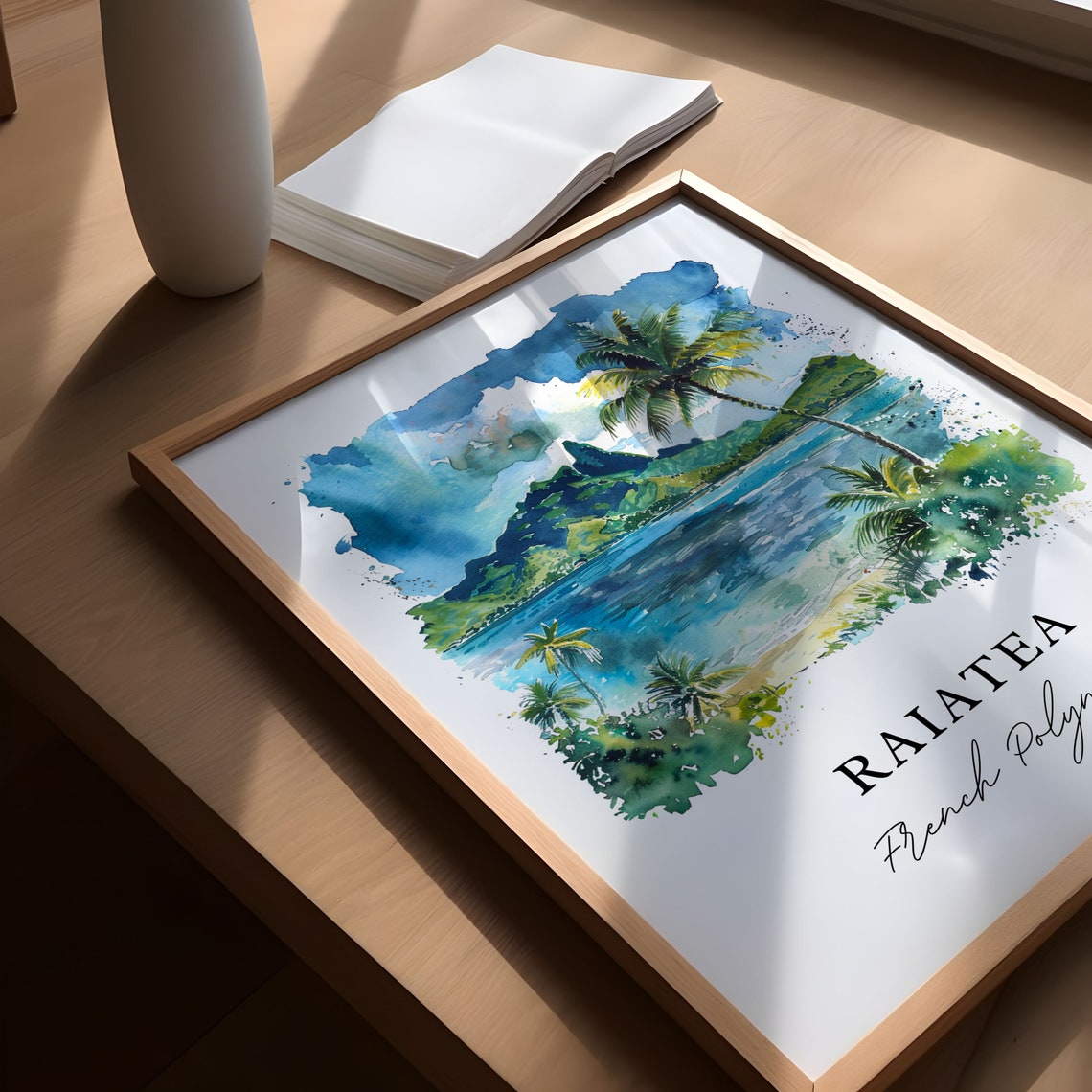 Raiatea French Polynesia Palm Beach Mountain Watercolor Art Poster - Image 5