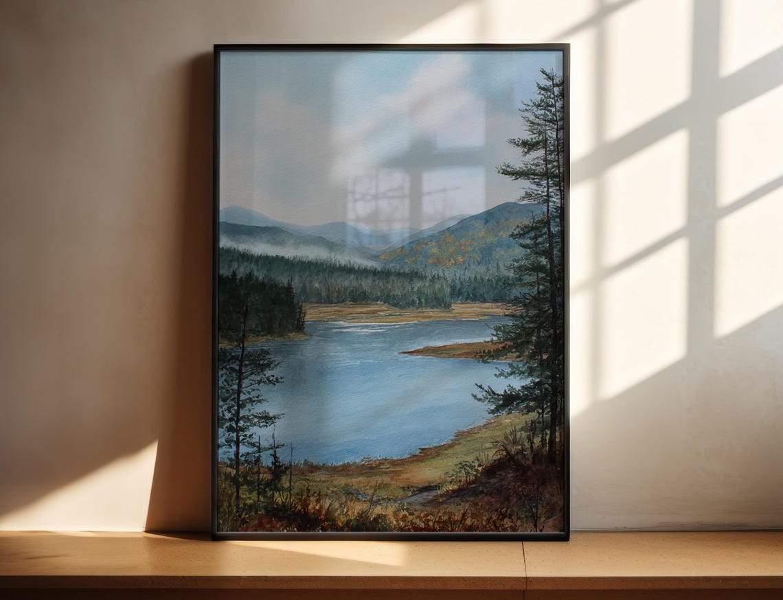 Adirondack Mountains Misty Lake Pines Watercolor Travel Poster