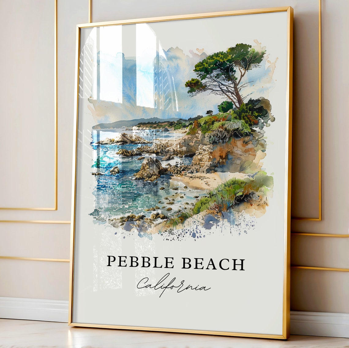 Pebble Beach California Rocky Coastline Cypress Watercolor Poster - Image 4