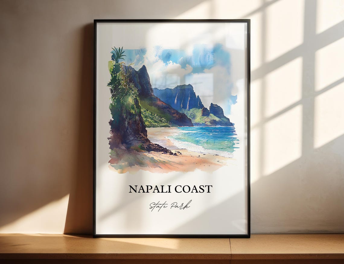 Napali Coast State Park Hawaii Green Sea Cliffs Cove Watercolor Poster