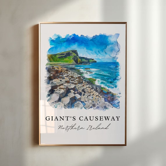Giants Causeway Watercolor Travel Poster, Northern Ireland