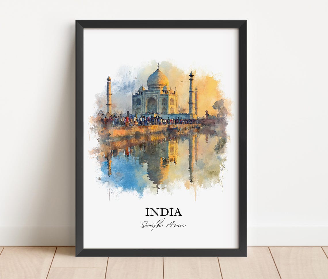 Taj Mahal India Sunset Reflection Watercolor Landmark Travel Poster - Image 4
