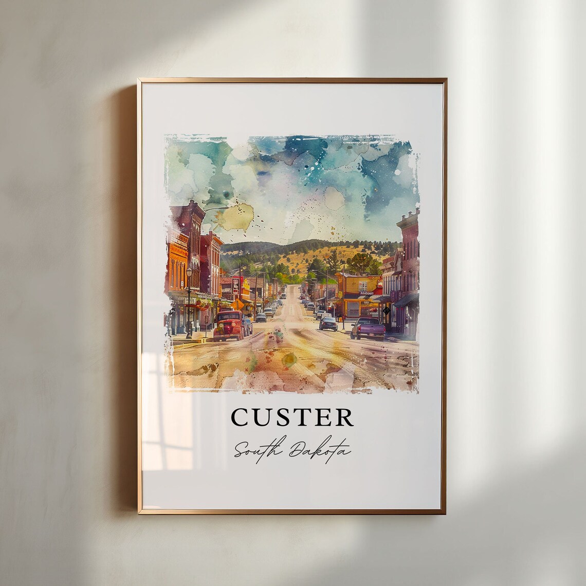 Custer South Dakota Old West Main Street Watercolor Travel Poster