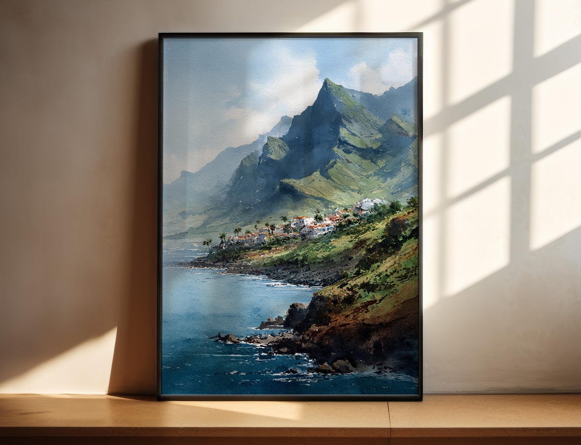 Tenerife Coastal Cliffs Seaside Village Dramatic Ocean Art Poster