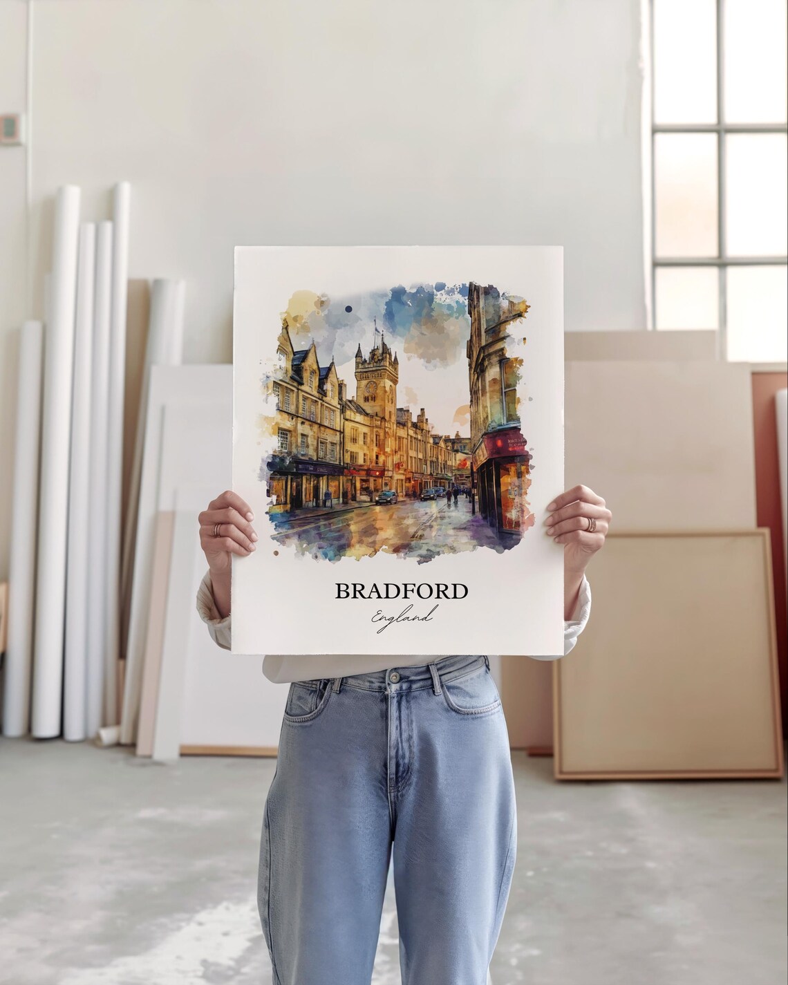 Bradford England Stone Historic Street Watercolor Travel Poster - Image 4