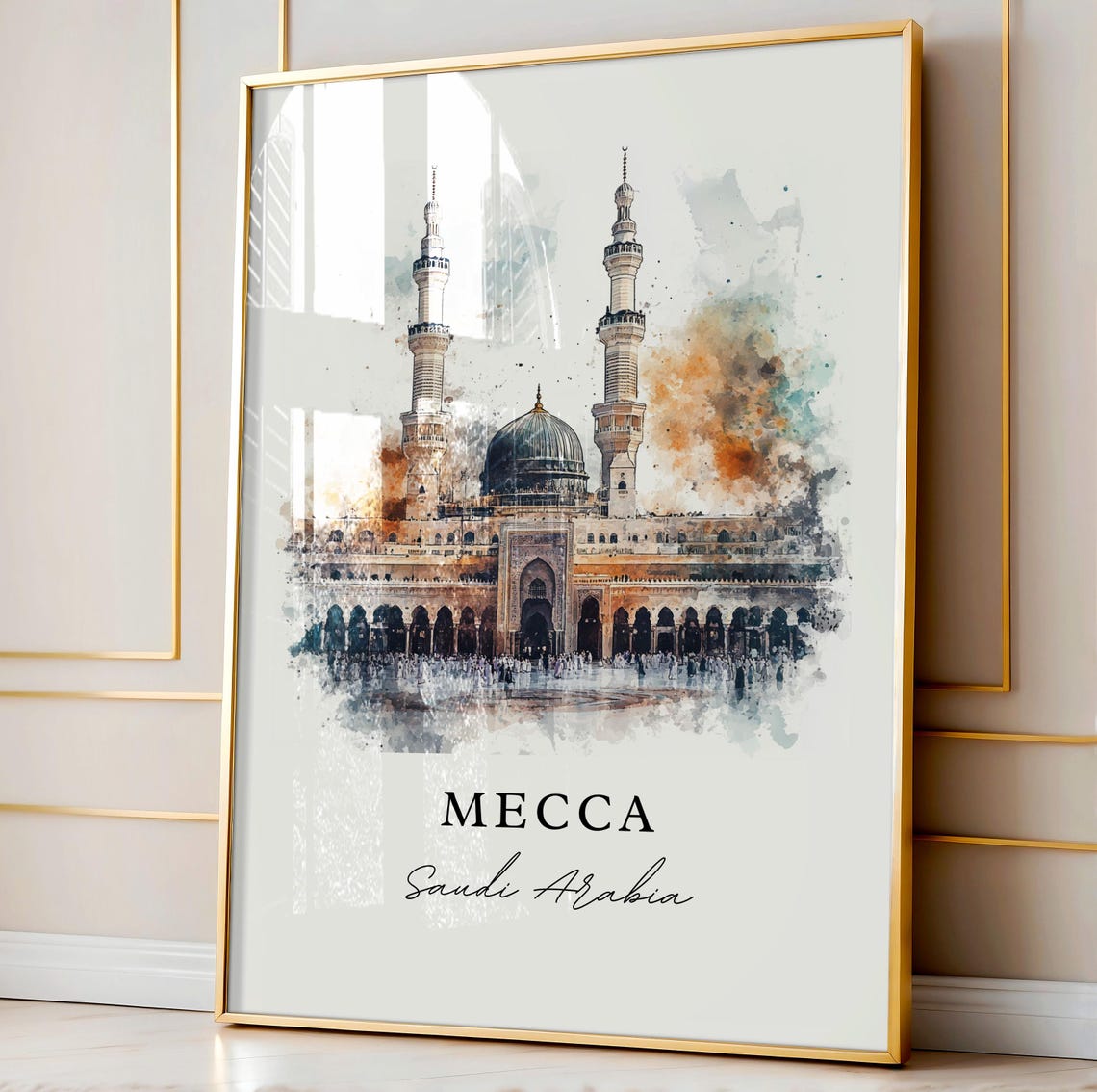 Mecca Saudi Arabia Watercolor Green Dome Mosque Prayer Art Poster - Image 4