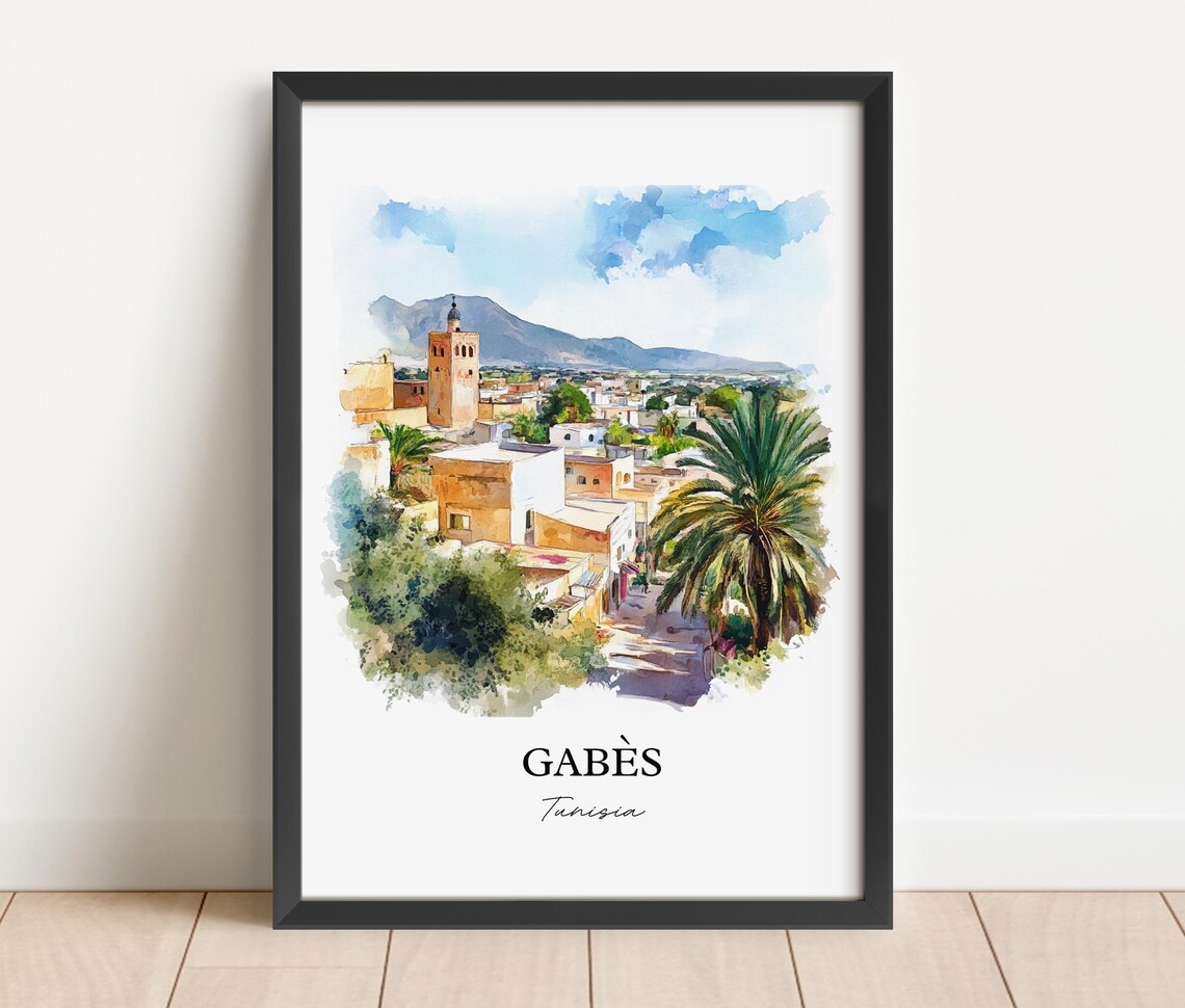 Gabes Tunisia Watercolor Old Town Minaret Palms Scene Poster - Image 3
