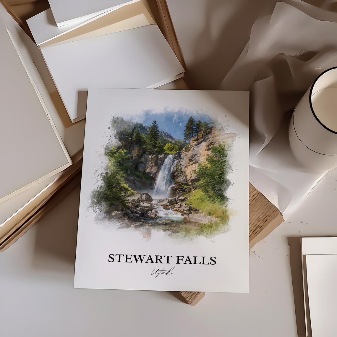Stewart Falls Utah Watercolor Waterfall Cliffs Pine Trees Poster - Image 4
