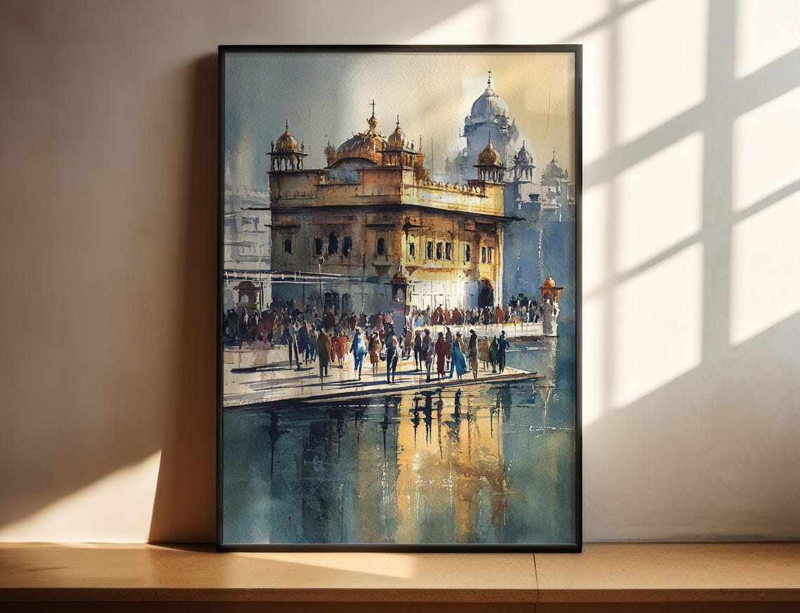 Golden Temple Amritsar Watercolor Poster with Pilgrims and Reflections