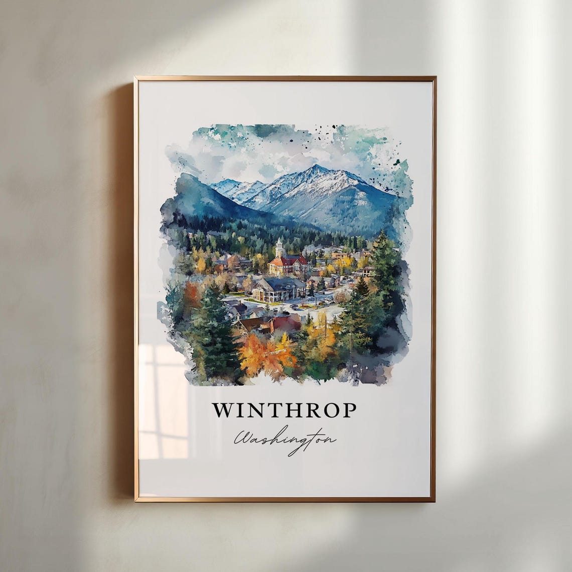 Winthrop Washington Watercolor Mountain Town Snowy Peaks Scene Print