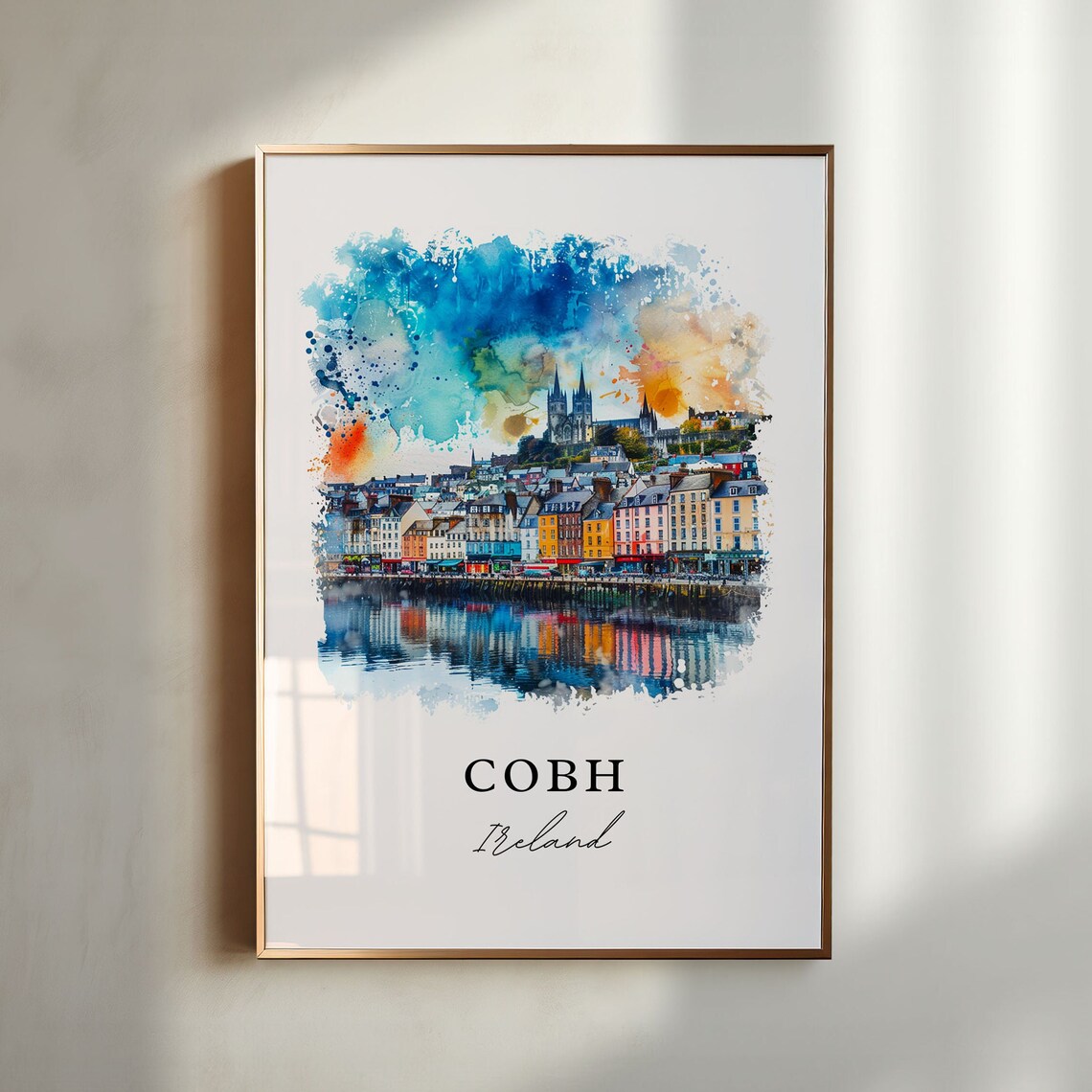 Cobh Ireland Colorful Harbor Town Cathedral Watercolor Poster