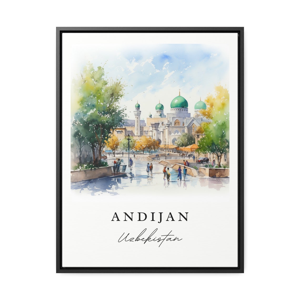 Andijan Uzbekistan Watercolor Green Domed Mosque Plaza Poster - Image 2
