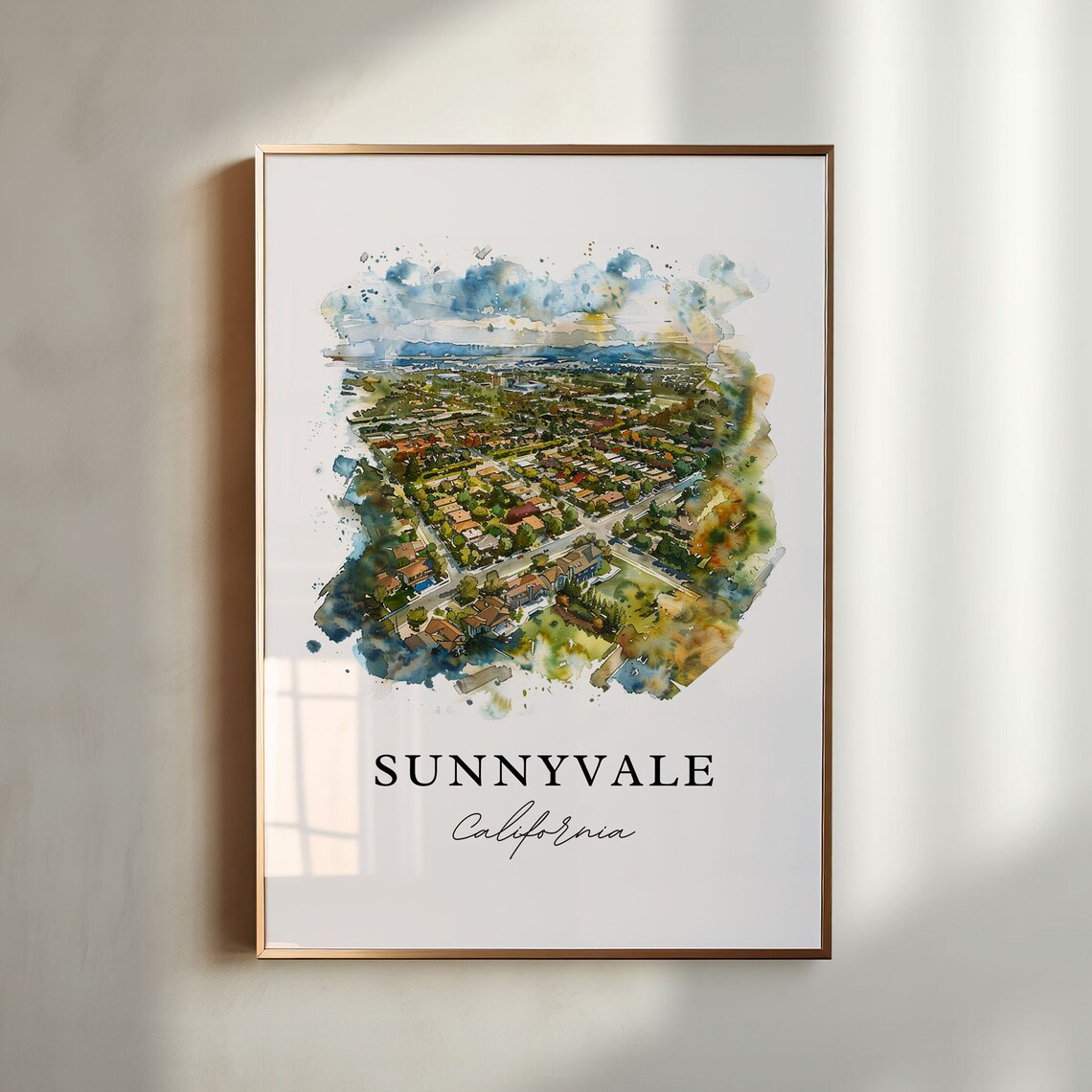 Sunnyvale California Suburban Aerial Watercolor Print Home Decor