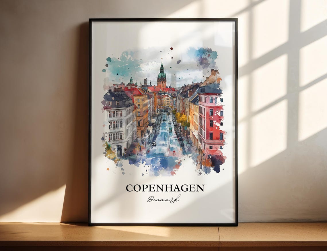 Copenhagen Denmark Watercolor Historic Street Scene Travel Poster