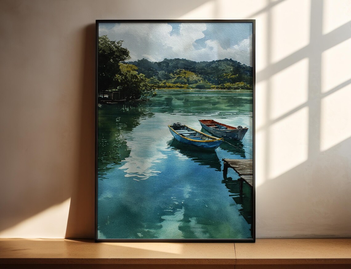 Lake Ypacarai Paraguay Colorful Fishing Boats Watercolor Travel Poster