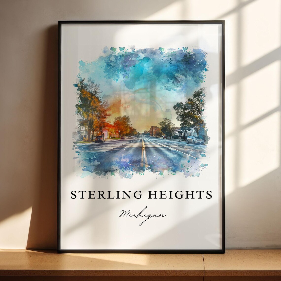 Sterling Heights Michigan Watercolor Sunset Street Scene Poster - Image 4