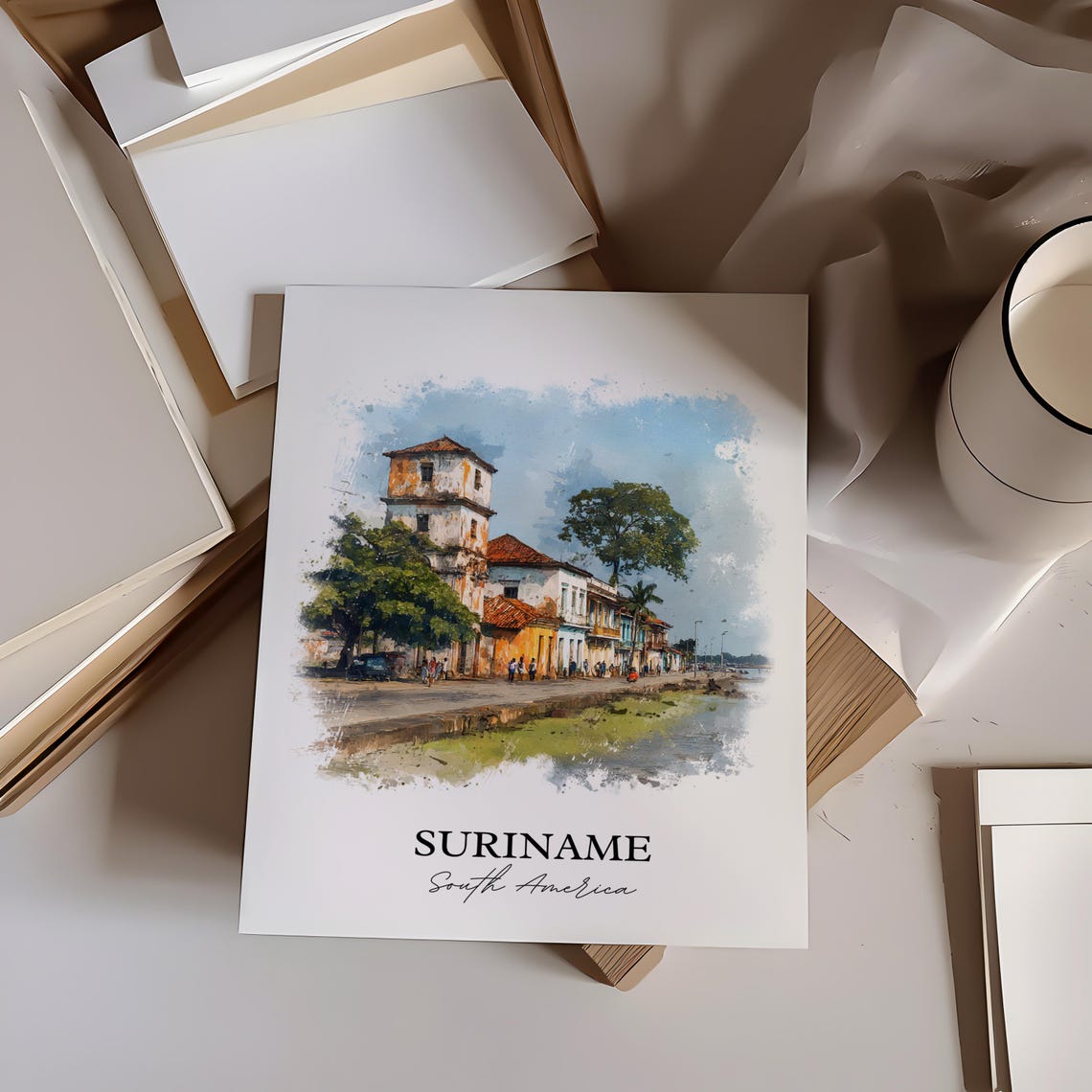 Suriname South America Colonial Waterfront Watercolor Poster - Image 3