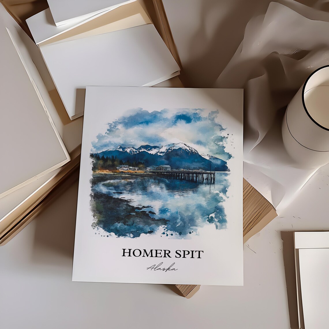 Homer Spit Alaska Pier Watercolor Mountain Harbor Travel Poster - Image 3