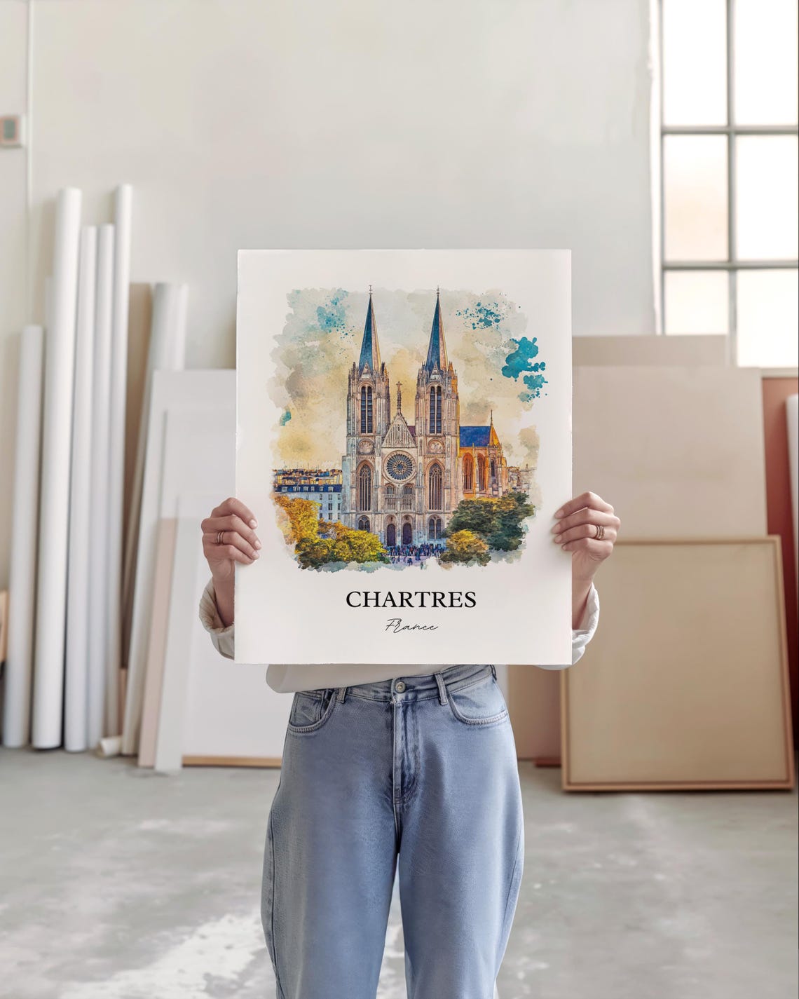 Chartres France Watercolor Cathedral Twin Spires Gothic Facade Poster - Image 4