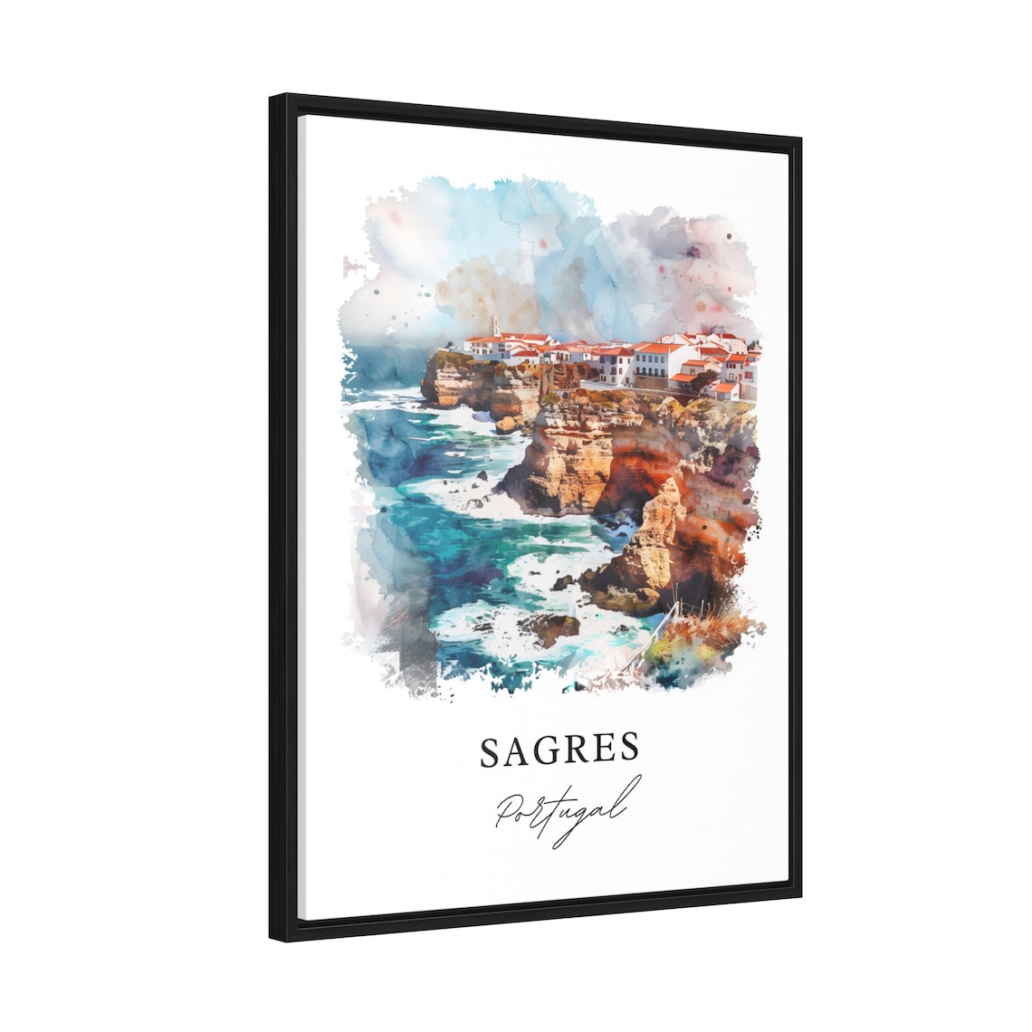 Sagres Portugal Watercolor Cliffs Crashing Waves Village Poster - Image 2