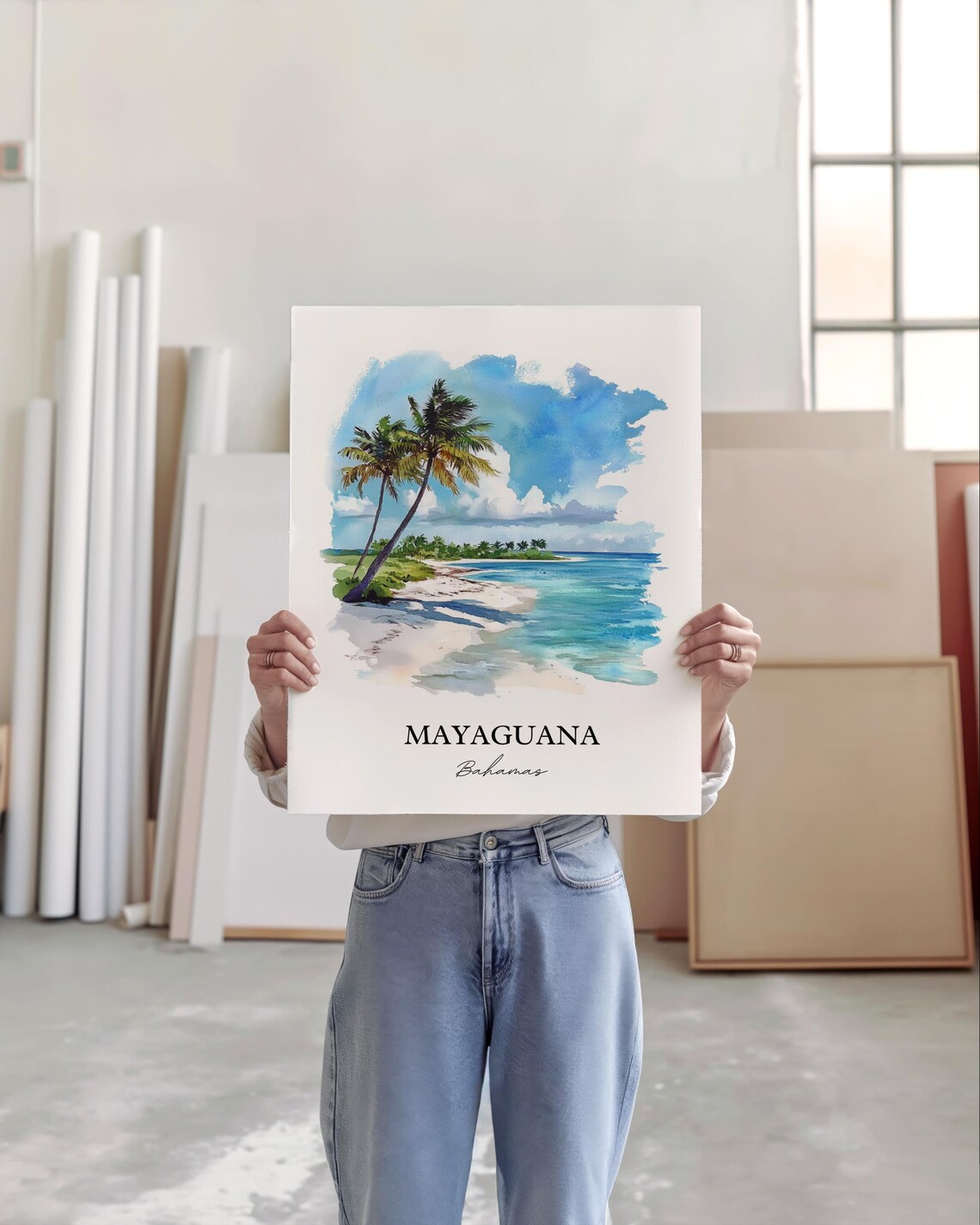 Mayaguana Bahamas Watercolor Palm Beach Tropical Shore Poster - Image 2