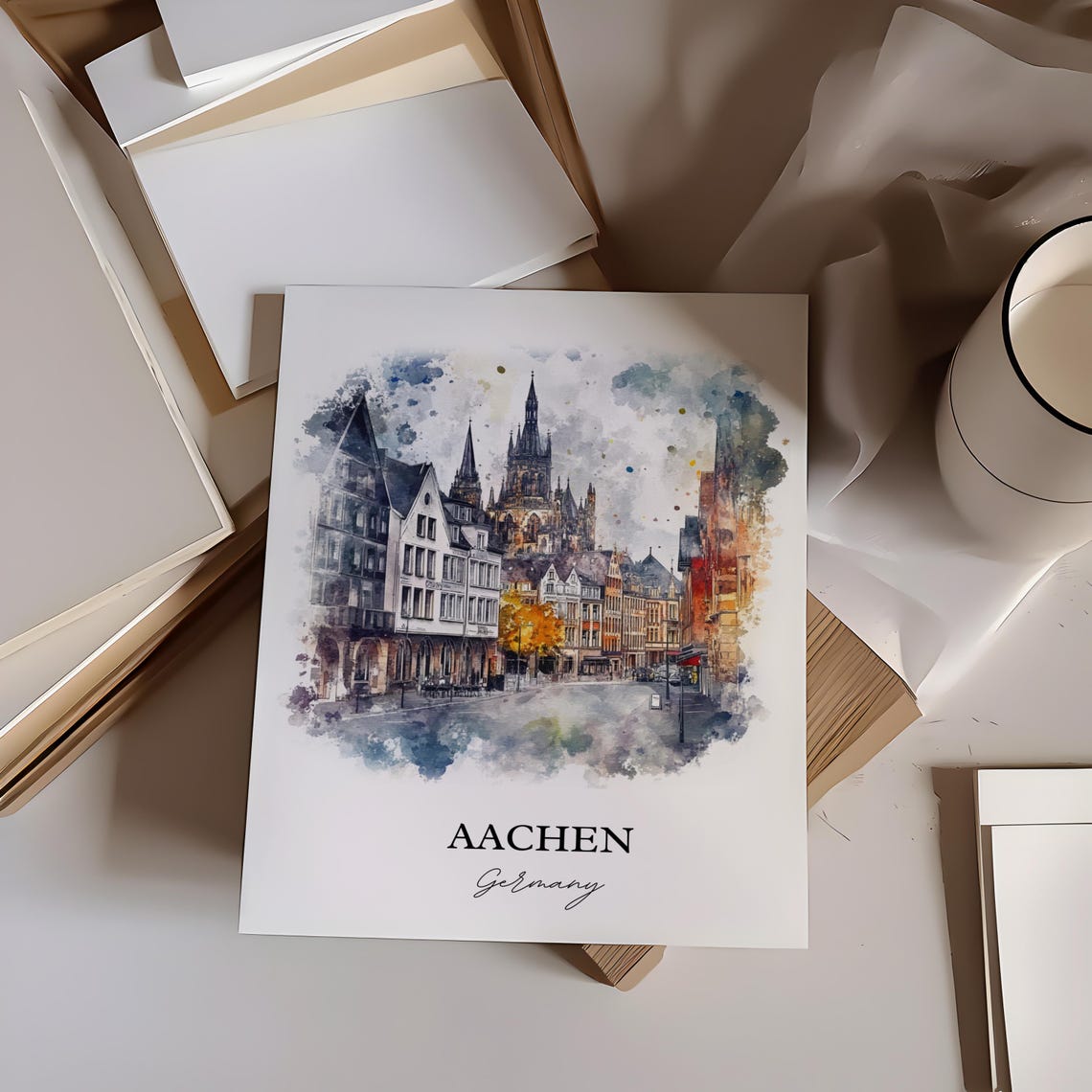 Aachen Germany Gothic Cathedral Square Watercolor Travel Poster - Image 3
