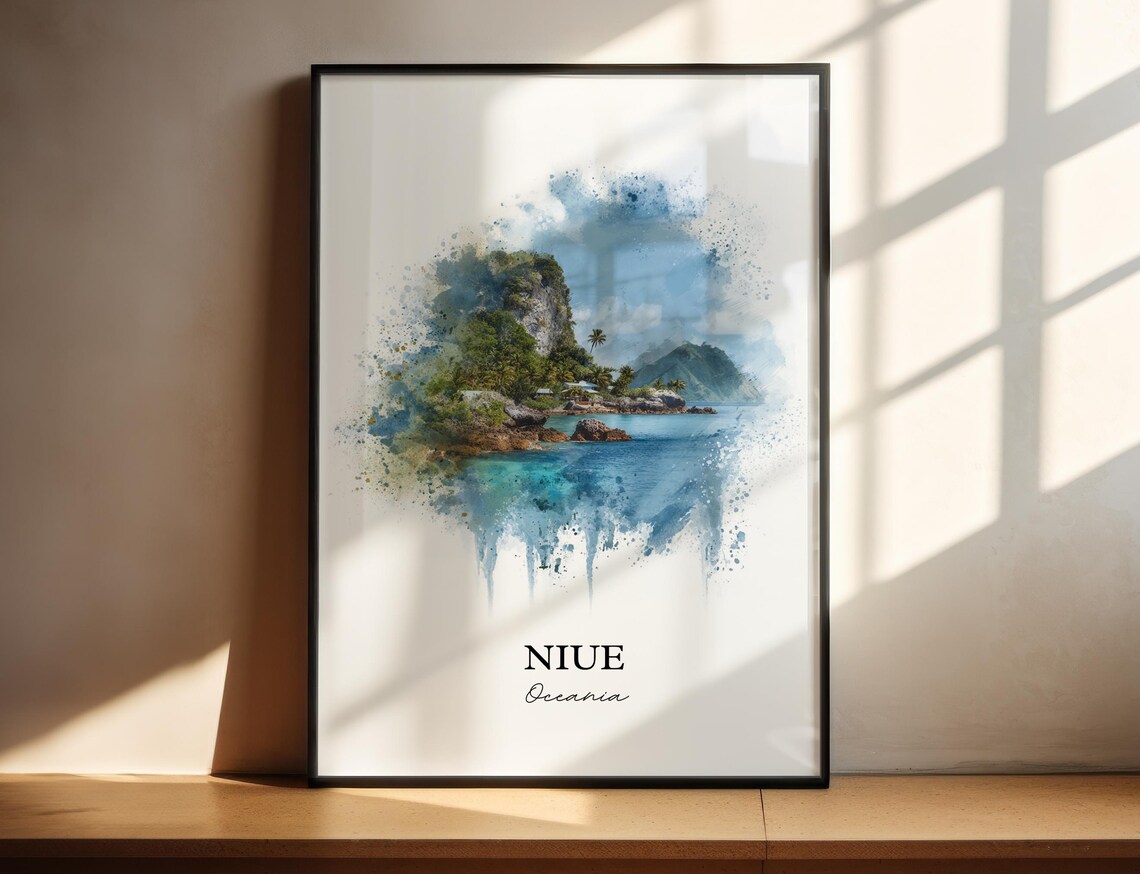 Niue Oceania Rocky Coast Cliffs Mountain Watercolor Travel Poster