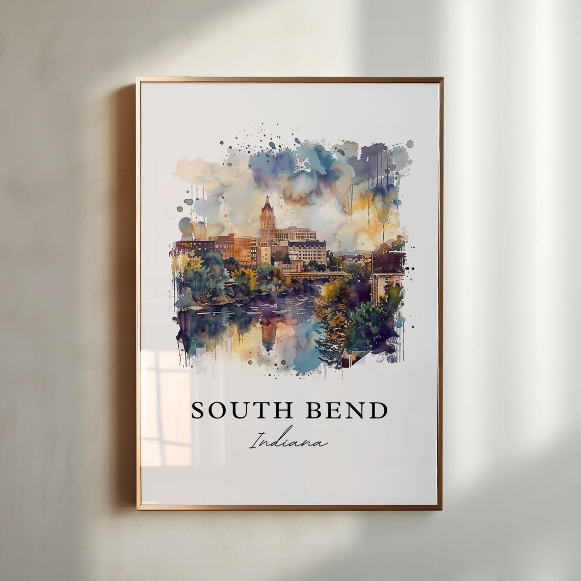South Bend Indiana River Skyline Watercolor Travel Art Print