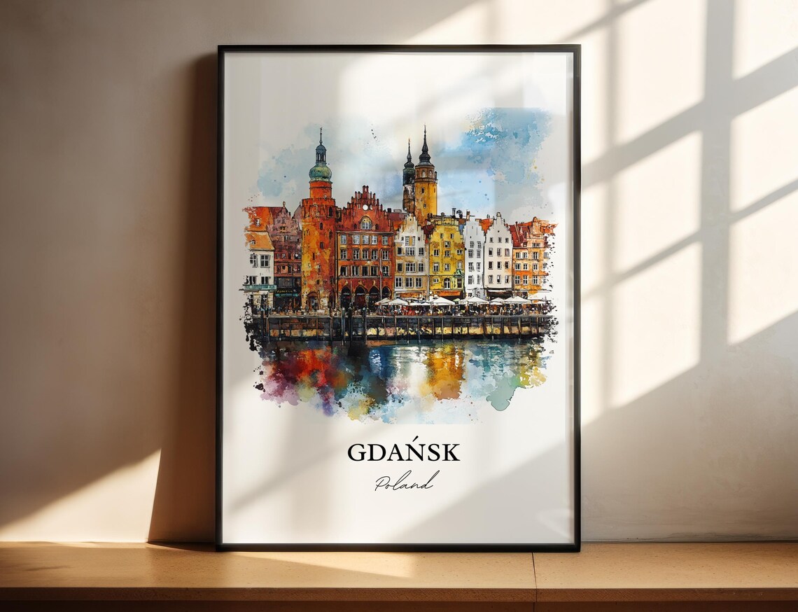 Gdansk Poland Watercolor Colorful Waterfront Houses Travel Poster