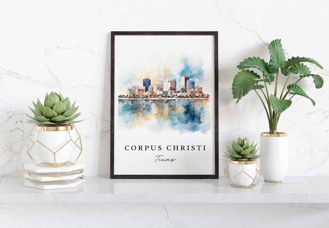Corpus Christi Texas Watercolor Bayfront Skyline Travel Poster