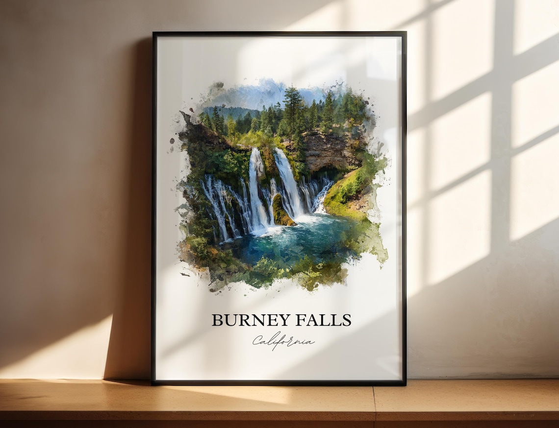 Burney Falls California Shasta County Cascade Watercolor Travel Poster