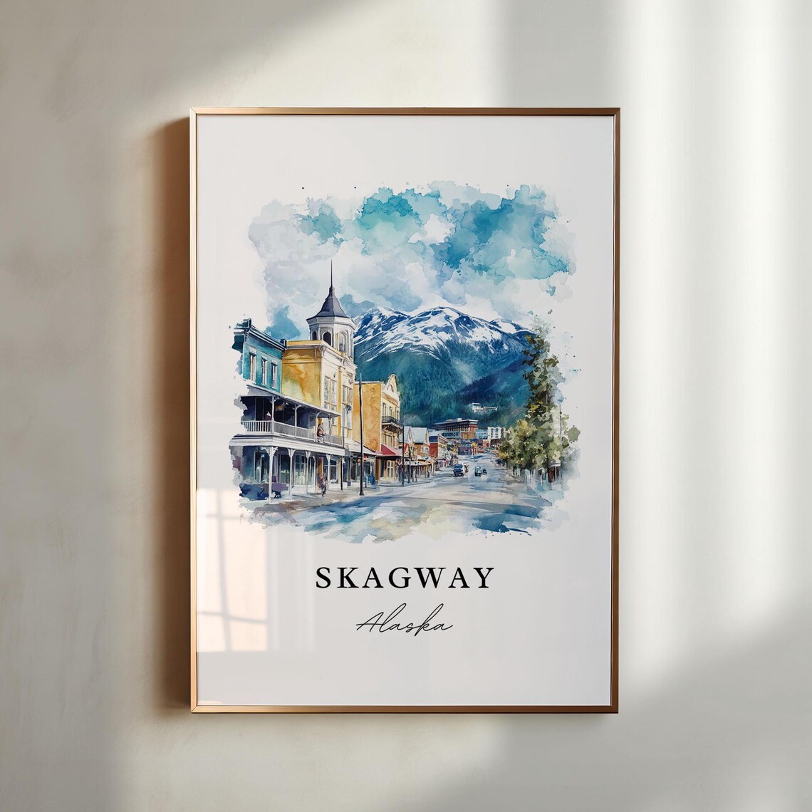 Skagway Alaska Watercolor Travel Poster, Inside Passage