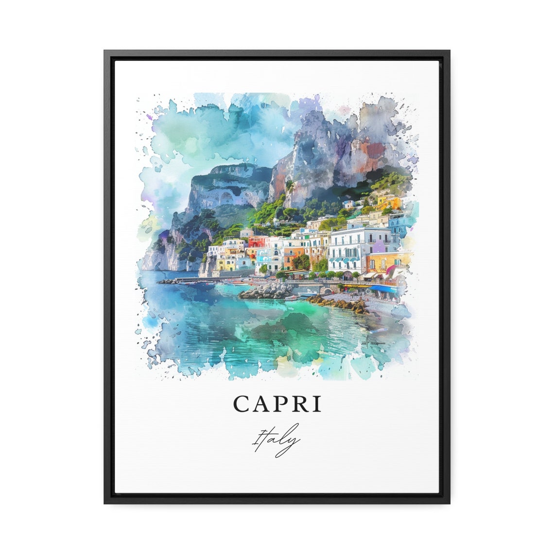 Capri Italy Island Harbor Rocky Cliffs Watercolor Travel Poster - Image 2