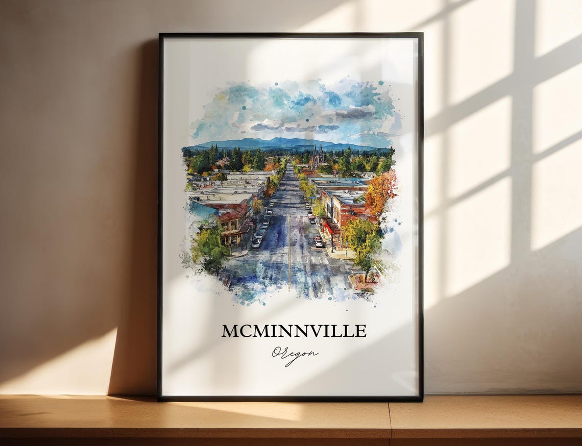 McMinnville Oregon Downtown Aerial Watercolor Travel Gift Poster