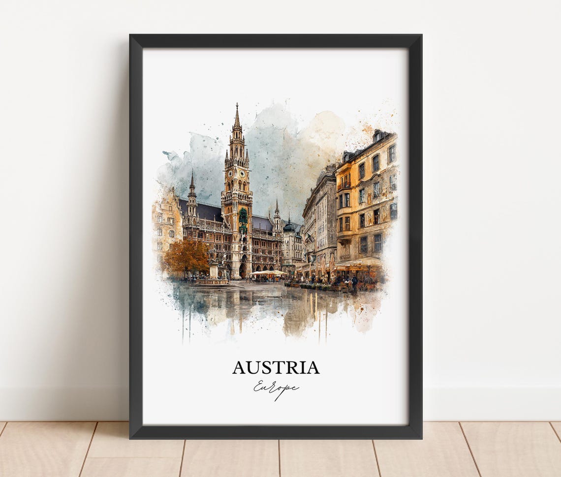 Austria Historic Town Hall Plaza Watercolor Europe Travel Poster - Image 2