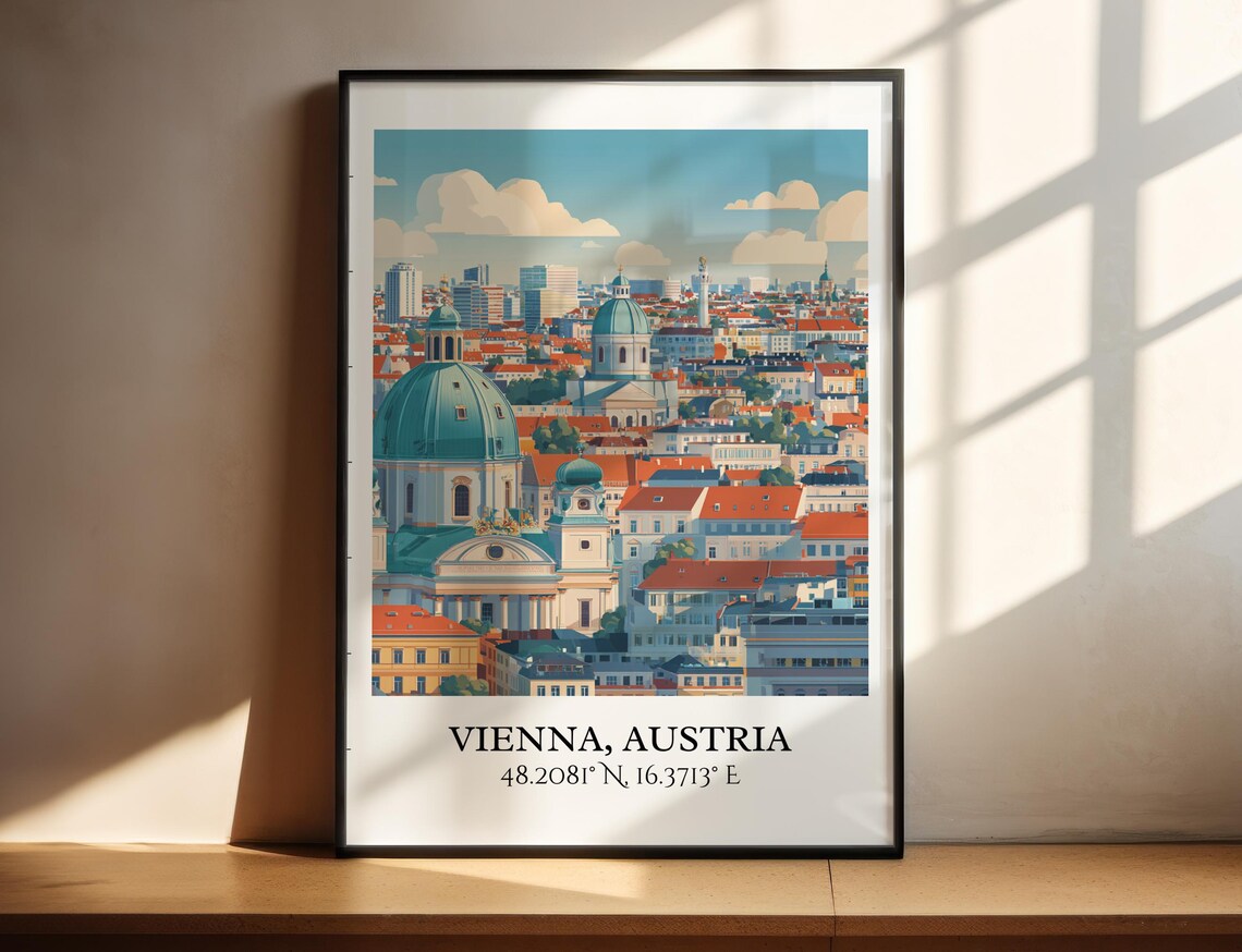 Vienna Austria City Panorama Cathedral Domes Retro Travel Art Poster