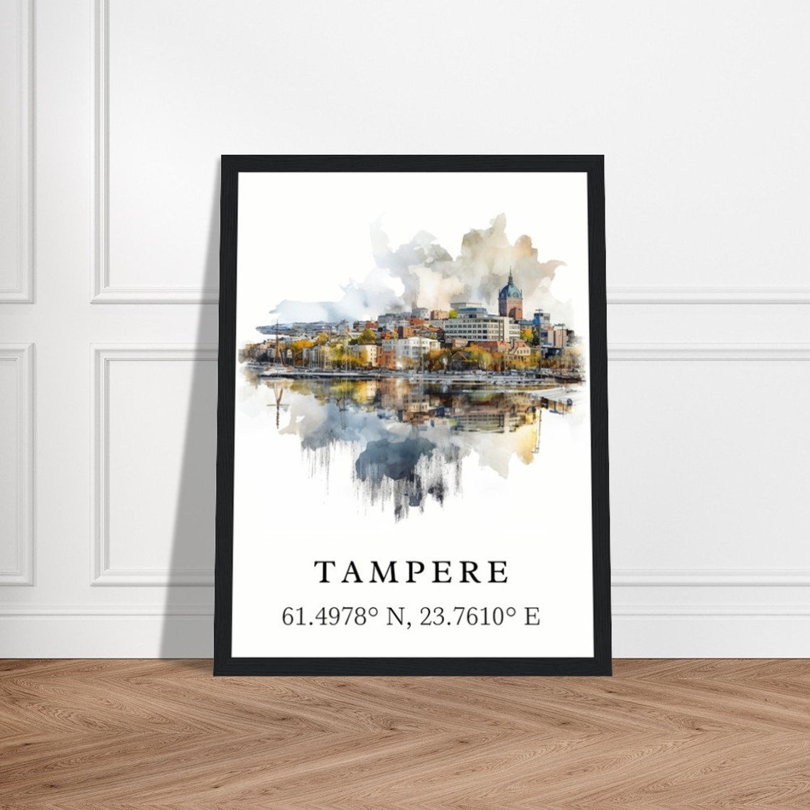 Tampere Finland City Skyline Coordinates Watercolor Travel Poster