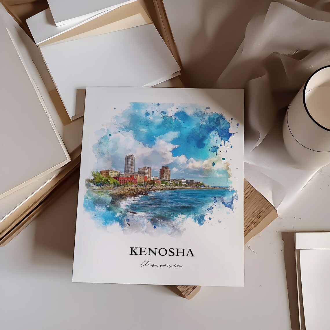 Kenosha Wisconsin Watercolor Lakefront Skyline Blue Waves Poster - Image 3