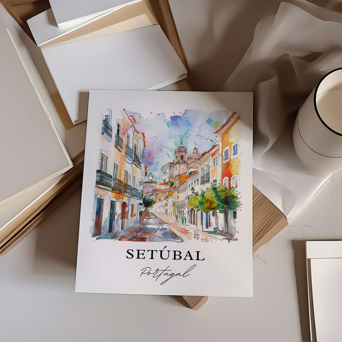 Setubal Portugal Colorful Old Town Street Watercolor Church Poster - Image 6