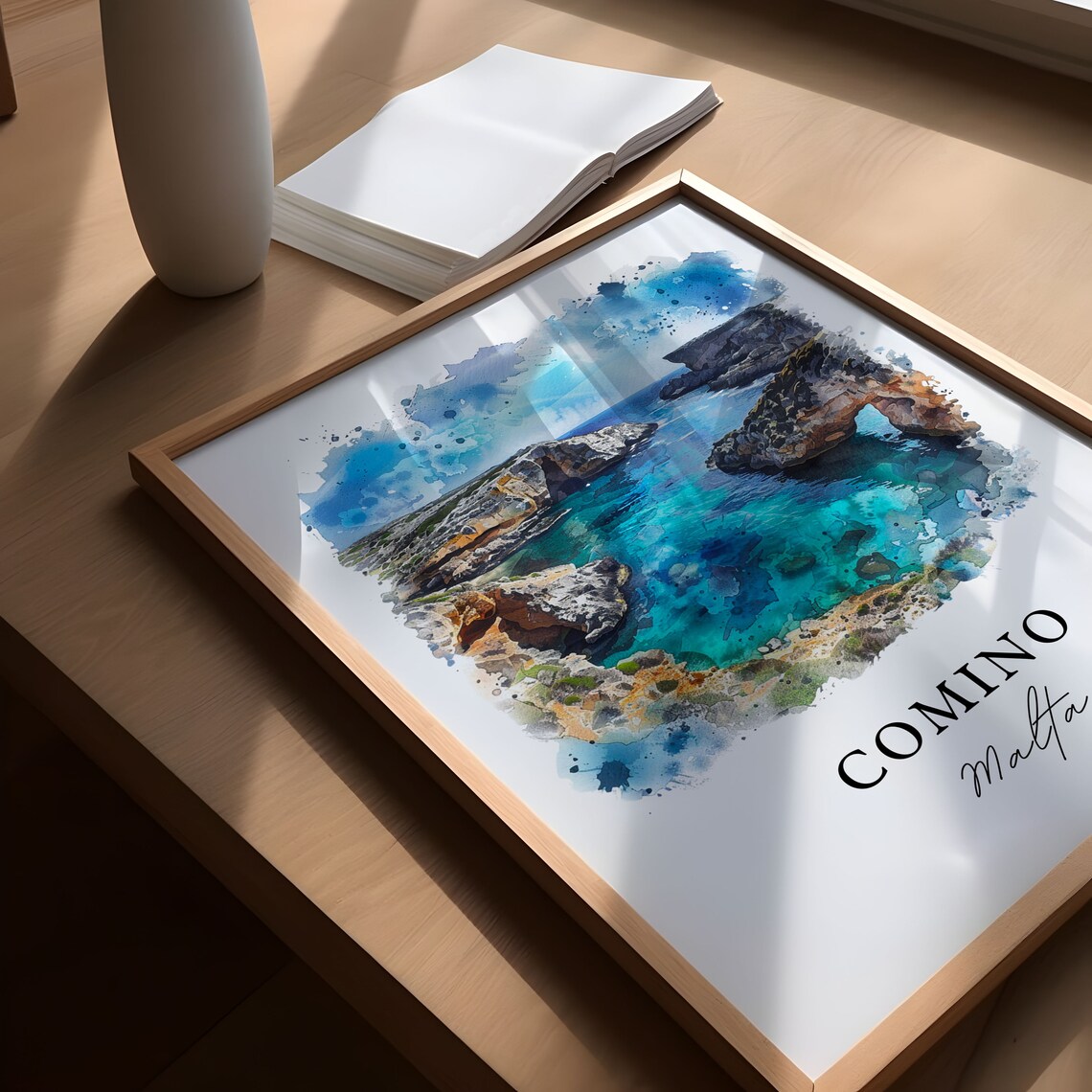 Comino Malta Turquoise Lagoon Cove Island Watercolor Travel Poster - Image 5