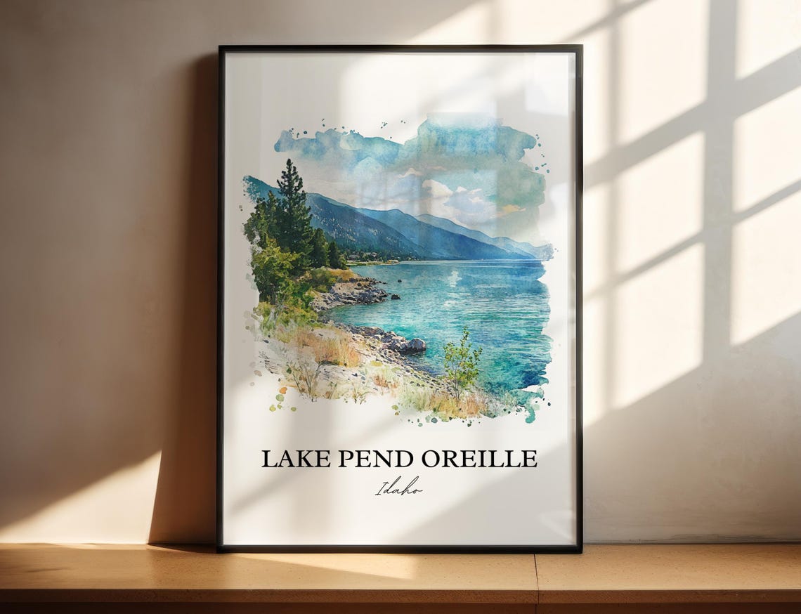 Lake Pend Oreille Idaho Watercolor Rocky Shore Mountain Scene Poster