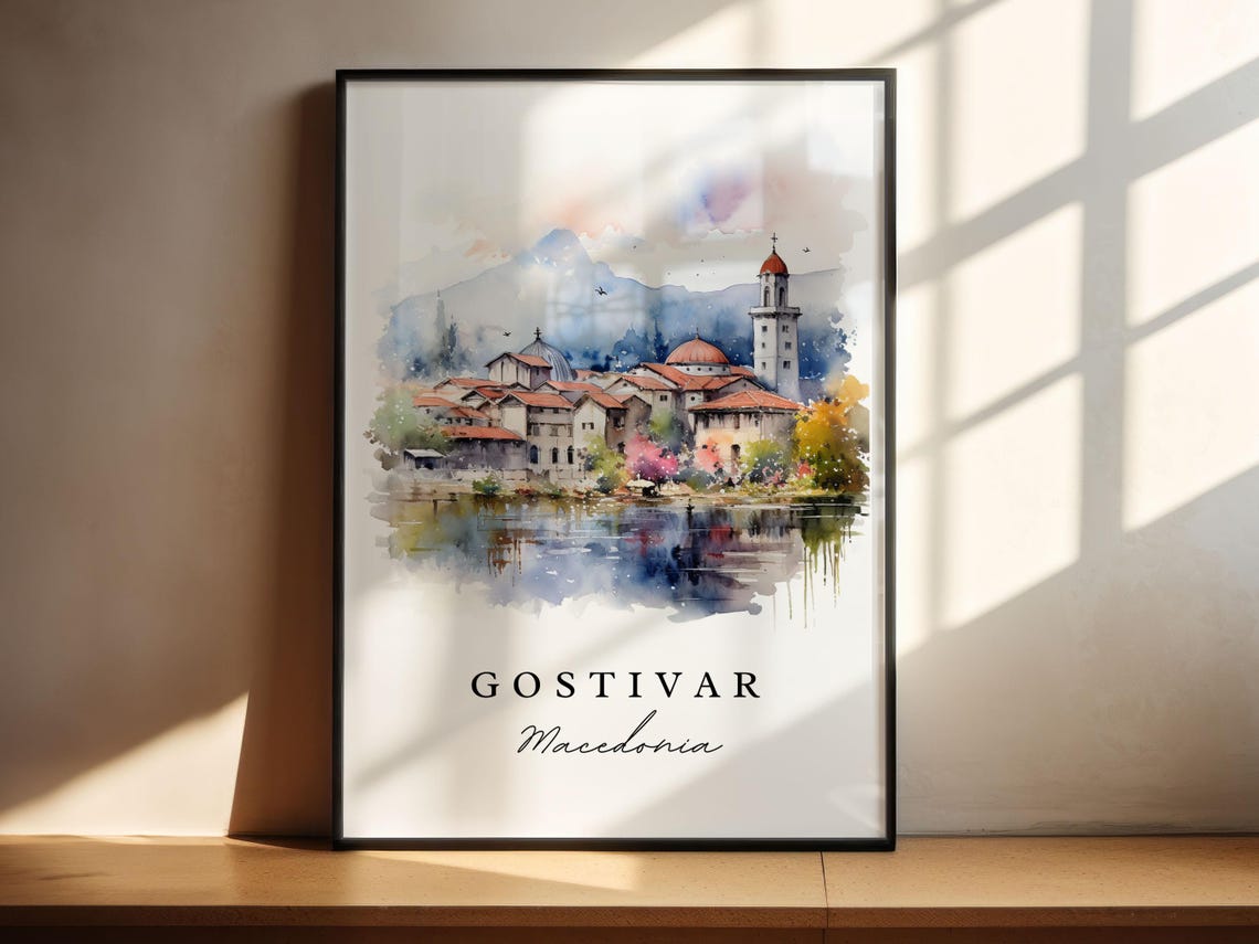Gostivar Macedonia Riverside Old Town Watercolor Travel Poster - Image 4